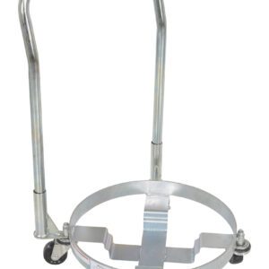 The Vestil Three Tier Drum Dolly W/Handle 900 Lb, with a circular base and two caster wheels, is designed to hold and transport round objects like drums or cylinders up to 900 lbs. It features a sturdy vertical handle for easy maneuvering.