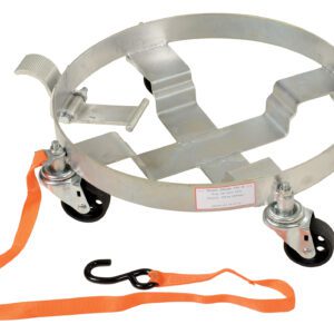Introducing the Vestil Three Tier Tilting Drum Dolly 900 Lb, designed with a sturdy metal frame, four black caster wheels, an orange strap with a black hook, cross supports for stability, and a convenient pedal for easy movement.