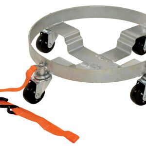The Vestil Multi-Purpose 3 Tier Drum Dolly 900Lb is a circular metal dolly with four swivel casters, perfect for moving large items like drums. It includes a red-orange strap and metal hook for secure towing, supporting up to 900 lbs efficiently.
