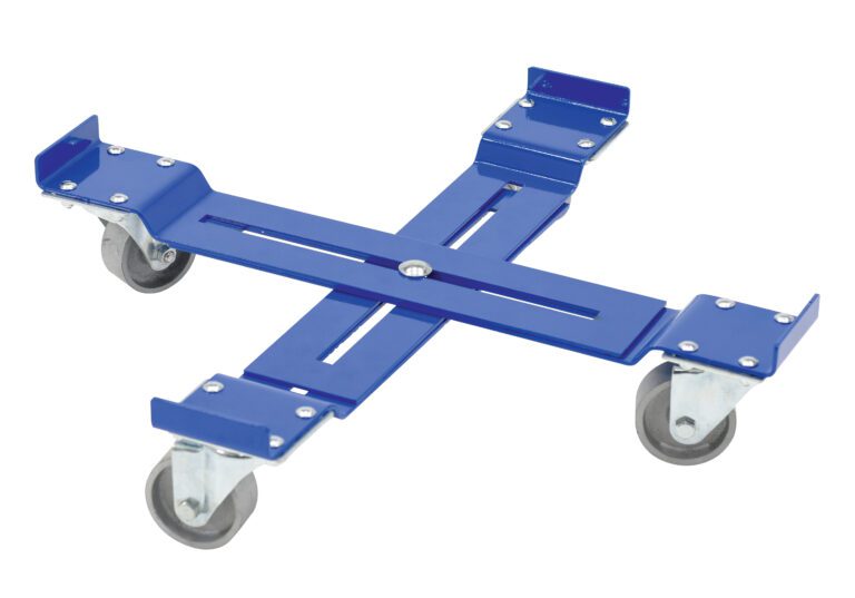 The Vestil Mobile Drum Dolly-Adjustable 1200 Lb, designed with a blue metal frame, has four swiveling casters and adjustable rails. Its cross-shaped design makes it perfect for effortlessly transporting items up to 1200 pounds.