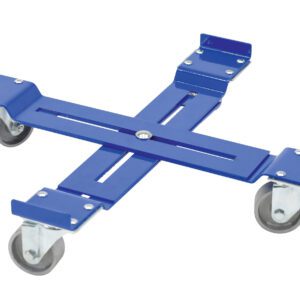 The Vestil Mobile Drum Dolly-Adjustable 1200 Lb, designed with a blue metal frame, has four swiveling casters and adjustable rails. Its cross-shaped design makes it perfect for effortlessly transporting items up to 1200 pounds.