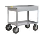 A gray, two-shelf metal utility cart, akin to the Little Giant Cushion Load Deep Shelf Truck, with four black rubber wheels and a maneuvering handle. The raised-edge top shelf ensures items stay secure. Its empty and set against a white background.