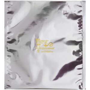 A shiny, silver anti-static bag with symbols and text printed center, its reflective, crinkled metallic texture ideal for safely storing electronic components like the MH-USA 4 x 24 Moisture Barrier Bags (100/Case).