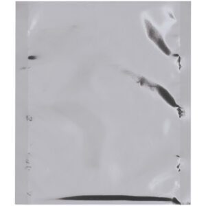 A plain silver metallic foil packet with a reflective surface is displayed against a white background. The sealed MH-USA 6 x 8 Moisture Barrier Bag shows slight creases and dents, emphasizing its durability.