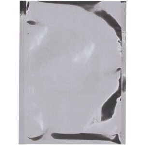 A shiny, silver foil pouch with a smooth surface is vertically positioned. The MH-USA 8 x 12 Moisture Barrier Bags (100/Case) reflect light with tonal variations. They feature sealed edges and a metallic look, available in packs of 100 per case.