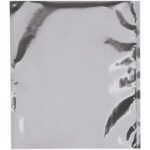 A shiny rectangular silver foil packet with crinkled edges reflects light for a metallic look. The MH-USA 15 x 18 Moisture Barrier Bags (100/Case) lie flat against a plain background, ideal for keeping contents dry with its robust design.