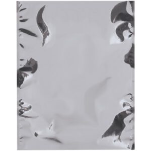 The MH-USA 18 x 24 Moisture Barrier Bags (100/Case) are shiny silver metallic foil pouches with crinkled edges and smooth surfaces, designed to protect contents from moisture.