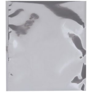 The MH-USA 15 x 18 Heavy Duty Moisture Barrier Bags (100/Case) feature a shiny, reflective silver foil pouch with a smooth surface and subtle wrinkles that emphasize durability, protection, and metallic sheen against a plain background.