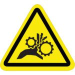A yellow triangular warning sign with a black border, featuring gears and a hand, warns of machinery-related hand injury risks. Its akin to the MH-USA 2.25 Triangle - Entanglement Hazard Durable Safety Label (25/Roll), designed for added safety.