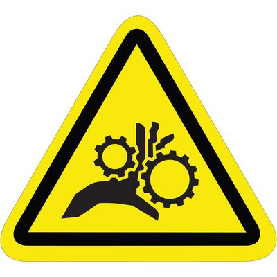 DSL500.jpg A yellow triangular warning sign with a black border, featuring gears and a hand, warns of machinery-related hand injury risks. Its akin to the MH-USA 2.25 Triangle - Entanglement Hazard Durable Safety Label (25/Roll), designed for added safety.