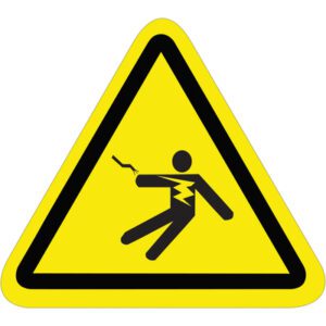 The MH-USA 2.25 Triangle Safety Label features a yellow triangular warning sign with a black border, showing a person being shocked by electricity, crossed by a bolt, to indicate electric shock risk; ideal for clear hazard communication (25 labels per roll).