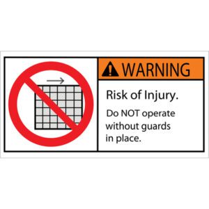 A warning sign with an exclamation mark says: Risk of Injury. Do NOT operate without guards in place, featuring a red circle with a line through a grid pattern. MH-USA 2 x 4 durable safety labels, available in rolls of 25, ensure clear communication and safety compliance.