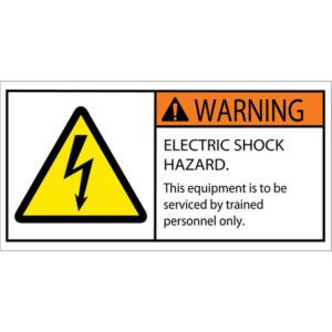 The MH-USA 2 x 4 warning safety label, featuring a yellow triangle with a black lightning bolt, indicates an electric shock hazard with the message: Warning: Electric Shock Hazard. This equipment is to be serviced by trained personnel only. It comes in rolls of 25.