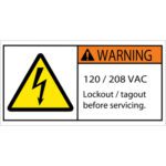 The MH-USA 2 x 4 safety label shows an orange rectangle and black triangle with a lightning bolt, reading: WARNING 120/208 VAC. Lockout/tagout before servicing. Sold in rolls of 25 for dependable hazard communication.