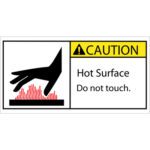 A warning label shows a hand reaching toward red heat waves with CAUTION and Hot Surface. Do not touch. on a yellow and white background, featuring a triangular exclamation mark. Product: MH-USA 2 x 4 - Caution Hot Surface Durable Safety Label - 25 PER ROLL.