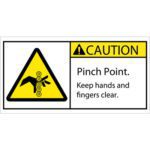A caution sign with a yellow triangle and a hand near a pinch point reads: Caution. Pinch Point. Keep hands and fingers clear. Featuring MH-USA 2 x 4 - Caution Pinch Point Rollers Durable Safety Label, available in rolls of 25 for reliable alerts.