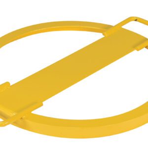 A yellow metallic cover with a circular frame and central rectangle resembles the Vestil Drum Tie Down 24 In., sporting two rectangular handles on opposite sides for effortless lifting and secure handling.
