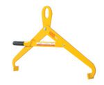 The yellow lifting clamp mirrors the Vestil Horizontal Semi-Automatic Drum Tongs triangular design with a large hoisting loop, featuring two rubber-gripped curved arms and a secure locking mechanism for safely holding steel plates.
