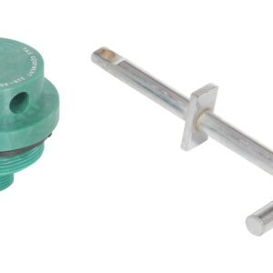 The image shows a green Vestil Drum Lock Polycarbon with serial numbers and a metal T-shaped handle. It features a threaded base and handle for secure attachment, similar to the Vestil system, and includes an integrated -5/16 padlock hole, set against a plain white backdrop.