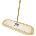 The MH-USA Economy Cut-End Dust Mop Kit - 60 boasts a beige, fringed, rectangular head and a durable wooden handle, ideal for efficient floor sweeping or dusting.