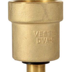 The Vestil Brass Drum Vent Adapter 2 In Vent is a polished, cylindrical fitting with a 2-inch threaded connector. Engraved VESTIL DVA-B, its shiny surface highlights its new condition.