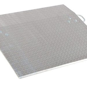 The Vestil Aluminum Econo Dockplate 3/8 1.8K 30X36 is a sturdy metal ramp with a diamond plate pattern, two handles for easy transport, an angled design, and triangular support, making it ideal for accessibility or loading tasks.