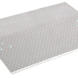 The Vestil Aluminum Econo Dockplate 3/8 3.6K 36X24 is shown on a white background, featuring a diamond plate surface, two side handles, and four central holes for easy handling.