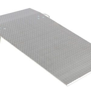 The Vestil Aluminum Econo Dockplate 3/8 3K 36X60 has a diamond plate surface perfect for mobility access, with two handles for easy transport and angled legs for support, ensuring safety and convenience.