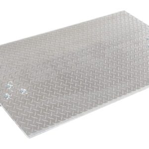 The Vestil Aluminum Econo Dockplate 3/8 5.2K 48X24 is a portable, slightly inclined silver ramp with a diamond plate texture and two handles, designed for easy access and versatile use in various applications.