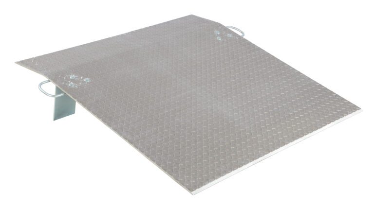 The Vestil Aluminum Econo Dockplate 3/8 2.6K 48X48 is a sturdy silver metal ramp with diamond plate texture and side handles, angled upwards for loading or access purposes.