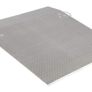 The Vestil Aluminum Econo Dockplate 3/8 1.8K 48X60 features a textured surface for bridging truck-to-dock gaps, handles for easy placement, and a slight incline for smooth loading and unloading.
