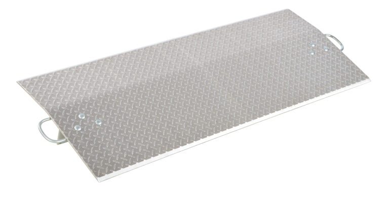 The Vestil Aluminum Econo Dockplate 3/8 5.7K 60X24 has a rectangular, inclined design with a diamond plate pattern and side handles for easy transport. Its textured surface provides reliable grip and accessibility for wheeled items.