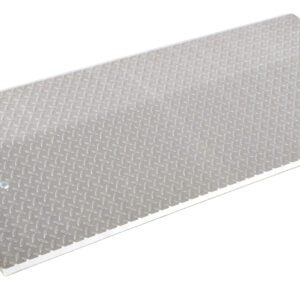 The Vestil Aluminum Econo Dockplate 3/8 5.7K 60X24 has a rectangular, inclined design with a diamond plate pattern and side handles for easy transport. Its textured surface provides reliable grip and accessibility for wheeled items.