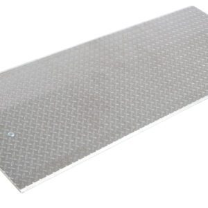 The Vestil Aluminum Econo Dockplate 3/8 6.5K 72X24 includes a diamond plate ramp with a textured surface and dual metal handles for easy handling. Its visible pattern boosts traction, perfect for loading or accessibility needs.