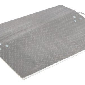 The Vestil Aluminum Econo Dockplate 3/8 5.4K 72X30 is a metal ramp with a diamond plate texture, two side handles, and a slight upward angle, reflecting light off its metallic finish while ensuring sturdy construction for heavy-duty use.