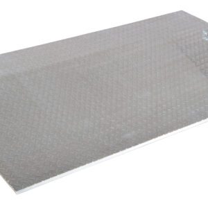 The Vestil Aluminum Econo Dockplate 3/8 4.3K 72X36 features a grid-textured metal ramp with two handles for easy portability, a slight slope for accessibility or loading, measuring 72x36 inches and supporting up to 4,300 pounds.