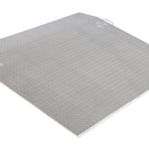 The Vestil Aluminum Econo Dockplate 72X48 is a gray metal dock board with a diamond plate surface, side handles, and a raised end for easy loading and unloading.
