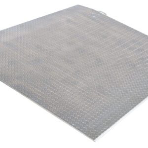 The Vestil Aluminum Econo Dockplate 3/8 2.5K 72X60 has a diamond pattern surface, dual handles, and angled support legs, making loading and unloading effortless. It is showcased against a white background.
