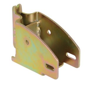 An ideal metallic, yellow-gold bracket for mounting or structural support with a curved design and holes. It mimics the Vestil Beam E-Socket Support For End Of Wood, boasting a smooth finish and small central protrusion.