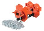 The Vestil Eye Manual Trolley Geared 2K Capacity, in orange, features wheels, coiled chains for practicality, hooks, and visible gears. Its designed for industrial tasks like lifting heavy equipment within overhead systems.