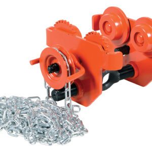 The Vestil Eye Manual Trolley Geared 2K Capacity, in orange, features wheels, coiled chains for practicality, hooks, and visible gears. Its designed for industrial tasks like lifting heavy equipment within overhead systems.