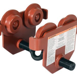 The Vestil Eye Manual Trolley Push 2K Capacity features a durable red design with two pairs of wheels and a central screw adjustment, labeled safety warnings in English and Spanish, and is engineered for load-bearing and overhead rail attachment.