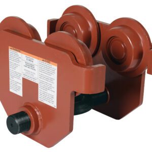 Meet the Vestil Eye Manual Trolley Push, designed for industrial use with a 6K capacity. It features four red wheels, a durable metal frame, warning labels, and threaded connectors for easy installation on overhead beams or rail systems in demanding settings.