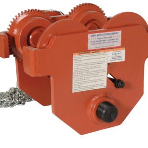 The Vestil Eye Manual Trolley Geared 8K Capacity is an orange industrial hoist trolley featuring two sets of gear wheels and a metal chain. It includes a safety warning label with manufacturer contact info and has a sturdy, compact design ideal for heavy-duty tasks.