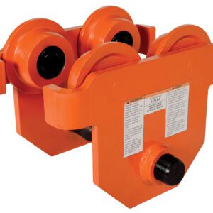 The Vestil Eye Manual Trolley Push, with an 8K capacity, is an orange industrial trolley designed for beam or track lifting. It has four wheels, metal components, and warning labels on the side.