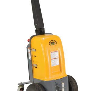 The yellow and gray Vestil Electric Powered Tugger 1K Pull Capacity features a digital control panel on its long black handle, with two large rear wheels and two smaller front caster wheels for easy maneuverability.