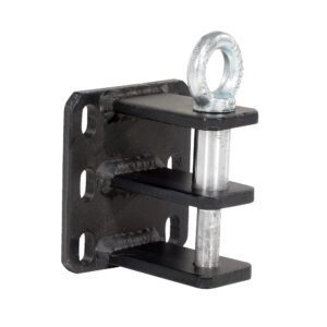 A square-based metal bracket, featuring multiple holes and two horizontal plates linked by vertical rods, resembles the Vestil Double Pin Hitch design. The top rod ends in an eyelet for secure attachment.
