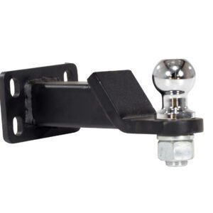 The Vestil Single Ball Hitch, 8 Length, features a black metal trailer hitch with a mounting plate on the left and a chrome tow ball on the right. It includes bolt holes for attachment and a nut that securely fastens the tow ball.