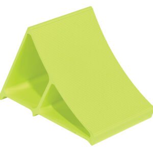 A fluorescent yellow aluminum wheel chock, like the Vestil Aluminum Wheel Chock 11 3/4 Fluorescent Yl, features a ribbed surface and right-angled triangle shape. Its wedge design with two open sides is ideal for holding doors ajar.