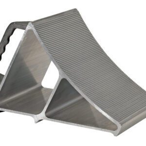 The Vestil Aluminum Wheel Chock With Hand Grip boasts a ridged surface and triangular shape to prevent vehicle movement on inclines, while the hand grip ensures easy carrying, enhancing both convenience and safety.
